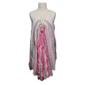 Lem Lem Tank Top Womens Size M|L Pink Striped Print Ruched Sleeveless Pullover